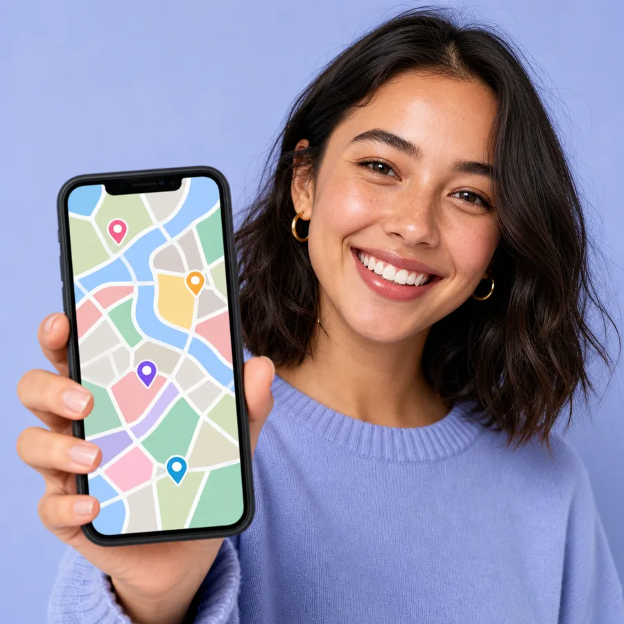 Hand holding a phone showing a field map with visit pins