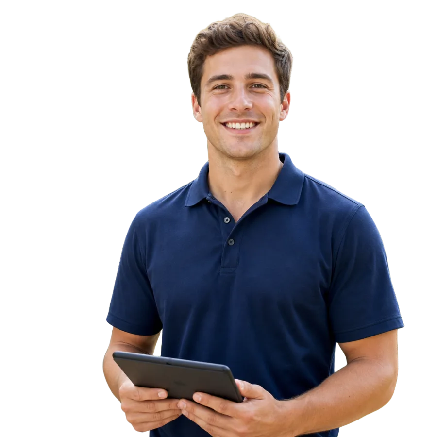 Illustrative door-to-door sales rep holding a tablet