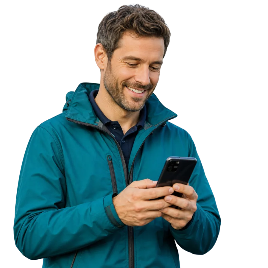 Illustrative solar sales rep standing in front of a home